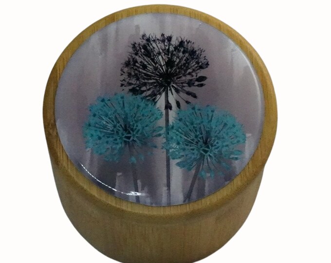 Round Bamboo Wooden Storage Box Jewellery Box Keepsakes Box Trinket Box Watch Box Salt Box Floral Flowers in Teal and Black