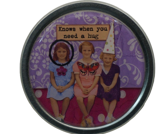 Round Storage Tin, Trinket Box, Gift Tin, Keepsake Box, Gift Box, Bits and Bobs, Tin, Vintage Girls, Knows when you need a hug