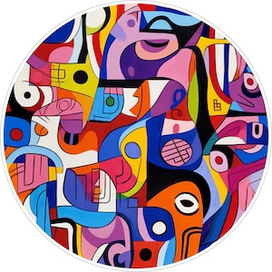 May include: A circular wall art piece featuring a vibrant abstract composition of interlocking shapes and bold lines. The design incorporates a palette of red, blue, yellow, orange, pink, and purple, with black outlines defining each distinct section.