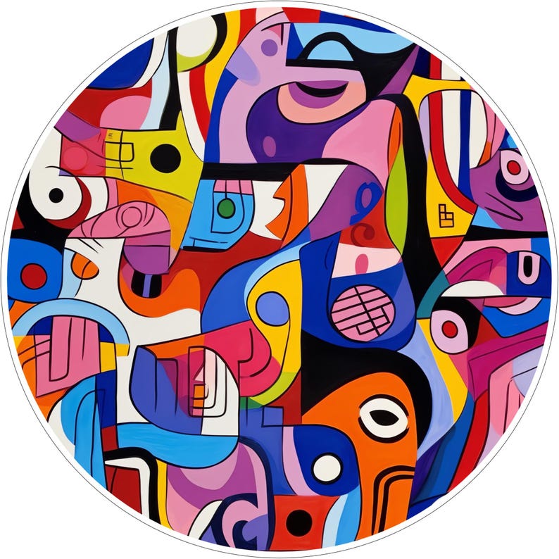 May include: A circular wall art piece featuring a vibrant abstract composition of interlocking shapes and bold lines. The design incorporates a palette of red, blue, yellow, orange, pink, and purple, with black outlines defining each distinct section.