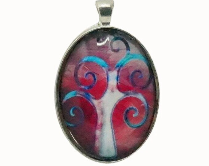 Blue and Pink Tree, Oval Silver Plated Glass Pendant, Necklace Pendant