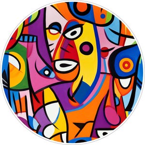 May include: A circular wall art piece featuring a vibrant abstract composition of overlapping faces and geometric shapes. The design uses bold black outlines to separate areas of bright yellow, orange, blue, purple, pink, and green paint.