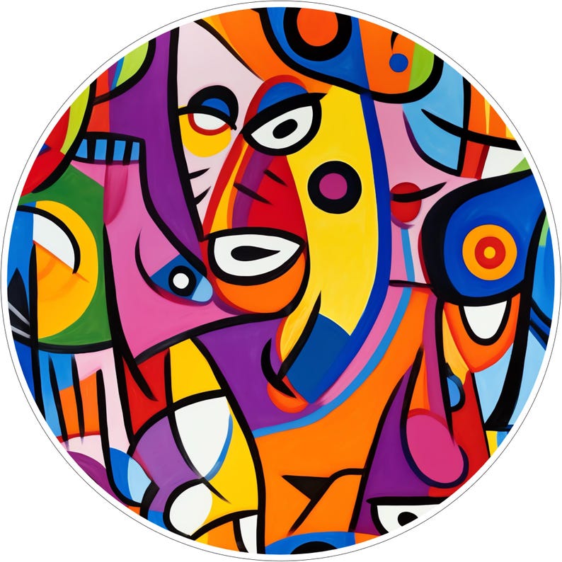 May include: A circular wall art piece featuring a vibrant abstract composition of overlapping faces and geometric shapes. The design uses bold black outlines to separate areas of bright yellow, orange, blue, purple, pink, and green paint.