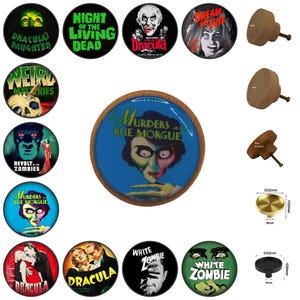 Puxadores de gaveta de madeira inspirados em filmes de terror: decoração clássica para sala de cinema.