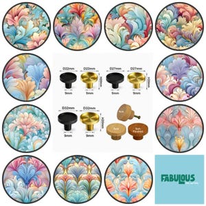 Art Nouveau Pastels Round Wooden/Brass Cabinet Pulls, Drawer Knobs, Home Decor