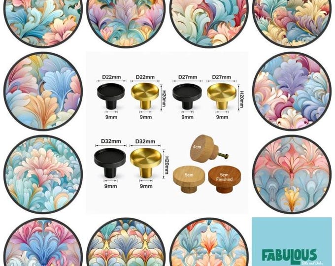 Art Nouveau Pastels Round Wooden/Brass Cabinet Pulls, Drawer Knobs, Home Decor