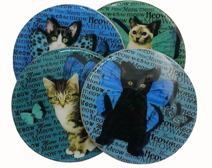 Cat Coasters Set of Four, Winged Kitten Drink Coasters