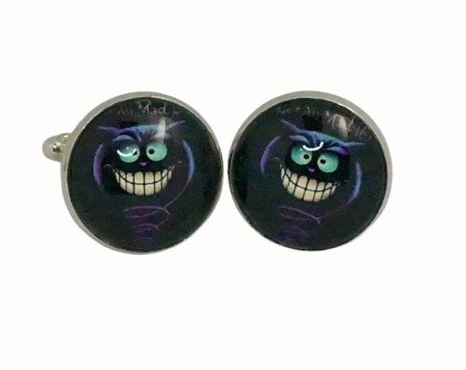 Platinum Plated Cufflinks Accessories 18mm Glass Alice in Wonderland Cheshire Cat