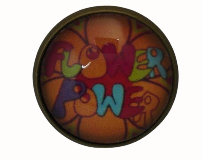 Flower Power, Hippy, 70's, Round Metal Brooch, Bronze, 2.0cm Brooch, Glass, Scarf Pin, Lapel Pin