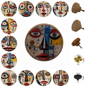 Mixed Media Faces Schubladenknäufe aus Holz, 3 cm, 4 cm, 5 cm