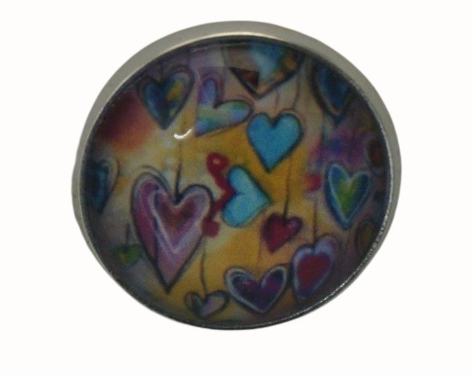 Hearts, Colorful Hearts, Round Metal Brooch, Silver Plated, 2.0cm Brooch, Glass, Scarf Pin, Lapel Pin