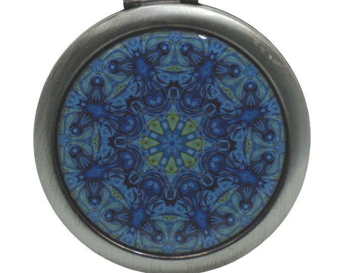 Mandala Pocket Mirror: Blue & Green Pattern, Antique Silver Compact