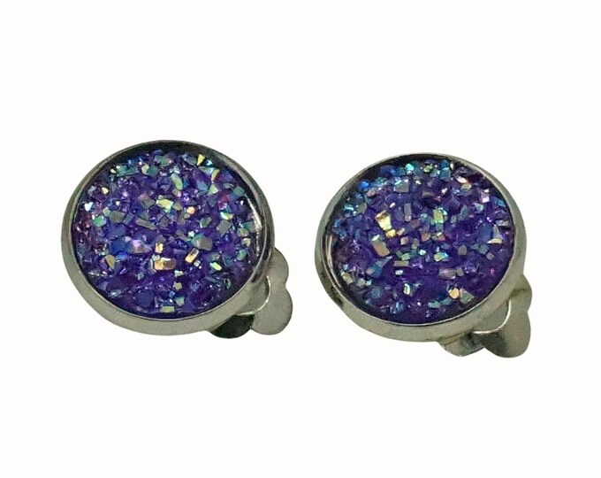 12mm Silver Plated Round Clip On Earrings Druzy Cabochon Purple