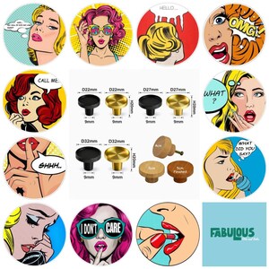 May include: A collection of round cabinet knobs in black, gold, and wood finishes, displayed with technical diagrams showing dimensions of 22mm, 27mm, 32mm, 4cm, and 5cm, surrounded by various pop art style circular illustrations.