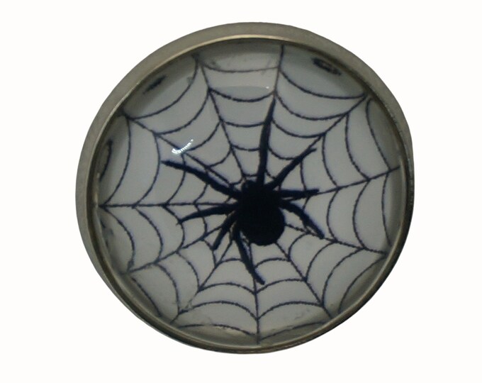 Spider, Spider Web, Round Metal Brooch, Silver Plated, 2.0cm Brooch, Glass, Scarf Pin, Lapel Pin