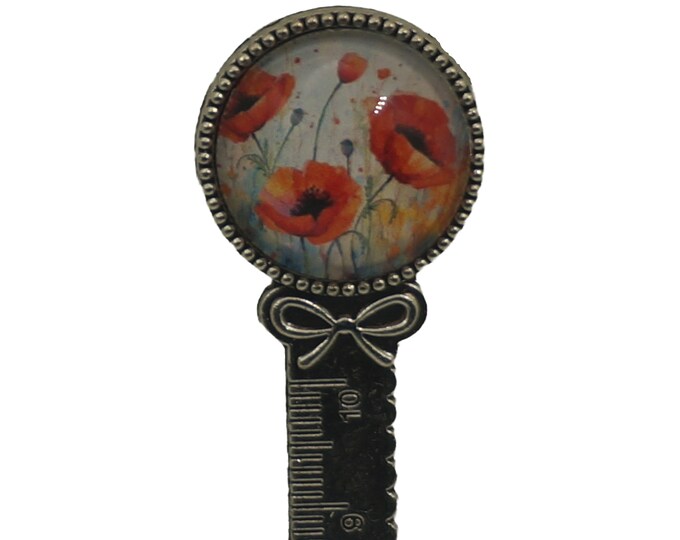 Poppy, Poppies, Floral, Flowers, Antique Silver Bookmark with Ruler  20mm Cabochon, Bookmark