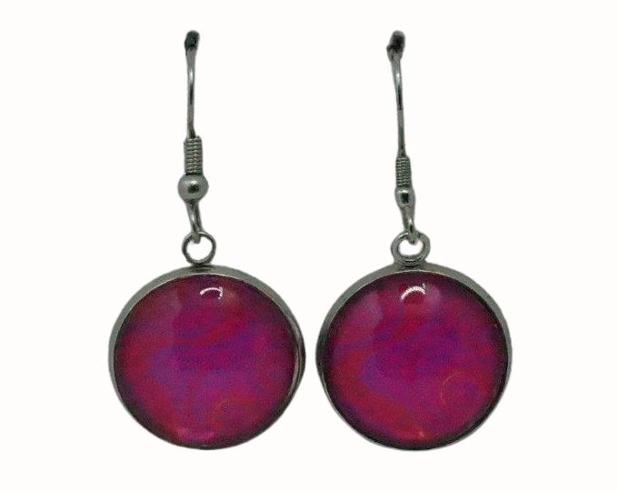 Stainless Steel Glass Tile Hooped Earrings Accessories Patterned Purple and Pink