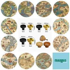May include: A collection of circular cabinet knobs in black, gold, and natural wood finishes. The image displays various sizes labeled with measurements in millimeters, including 22mm, 27mm, 32mm, 4cm, and 5cm, alongside vintage map patterns.
