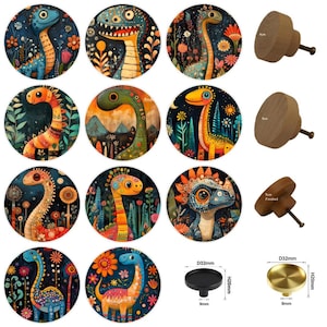 Dinosaurs Cabinet Handles, Wooden Drawer Knobs, Round Furniture Pulls