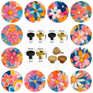 May include: A collection of round cabinet knobs featuring colourful floral patterns in pink, orange, blue, and white. The image includes technical diagrams showing dimensions of 22mm, 27mm, and 32mm diameters, along with wooden knobs measuring 4cm and 5cm.