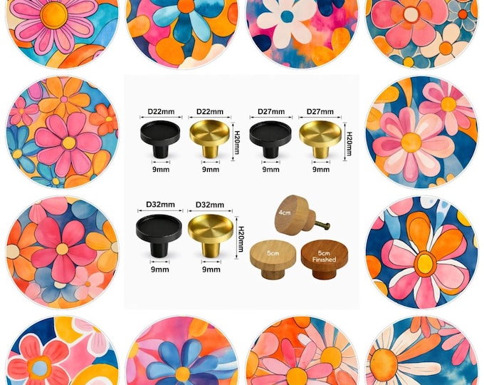 Retro Floral Cabinet Handles, Round Wooden Drawer Knobs, Brass Furniture Pulls