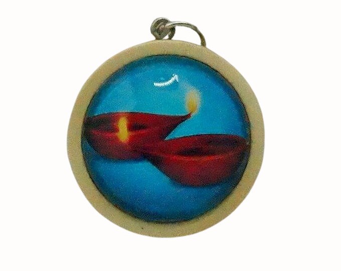 Wooden Backed Glass Tile Pendant Necklace Accessories Natural Wooden Pendant Diwali Festival of Lights Hindu