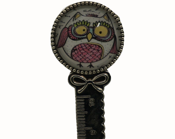 Owl, Funky Owl, Birds, Antique Silver Bookmark with Ruler  20mm Cabochon, Bookmark