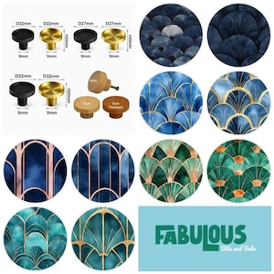 May include: A collection of circular cabinet knobs in black, gold, and natural wood finishes, featuring various fan-shaped and arched patterns in blue, green, and gold. Dimensions include diameters of 22mm, 27mm, 32mm, 4cm, and 5cm, with heights of 20mm.