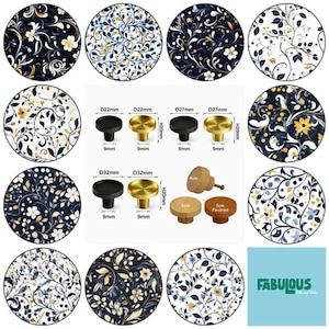 May include: A collection of circular cabinet knobs featuring various floral patterns in navy, white, and gold. The set includes metal knobs in 22mm, 27mm, and 32mm diameters with 20mm heights, alongside wooden knobs measuring 4cm and 5cm in diameter.