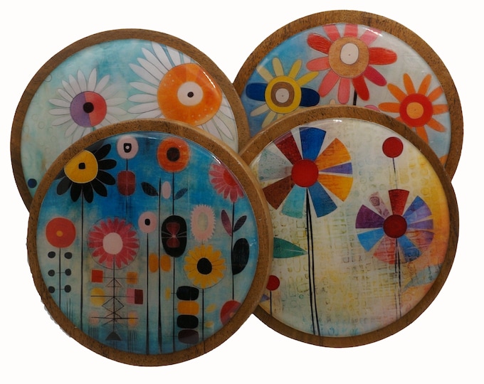 Colorful Flowers, Floral, Daisies, Bohemian, 4 Coasters, Set of Four Round Wooden Coasters, Wine Coaster, Drink Coasters, Coffee Coaster