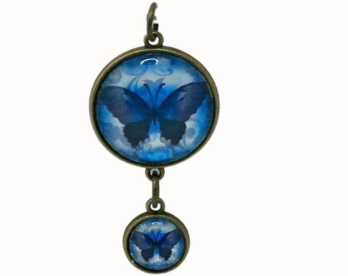 Doubled Sided Round Glass Pendant Two Pendants in One Bronze Pendant Patterned and Butterflies in Blue