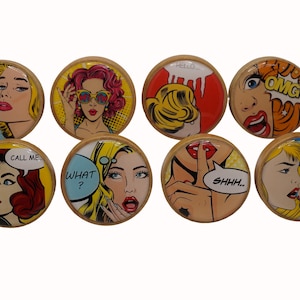 Drawer Knobs, Pop Art, Retro, Women, WOW, What!, Call Me, 5cm Cabinet Handles, Furniture Drawer Knobs, Round Wooden Drawer Knobs, Draw Knobs