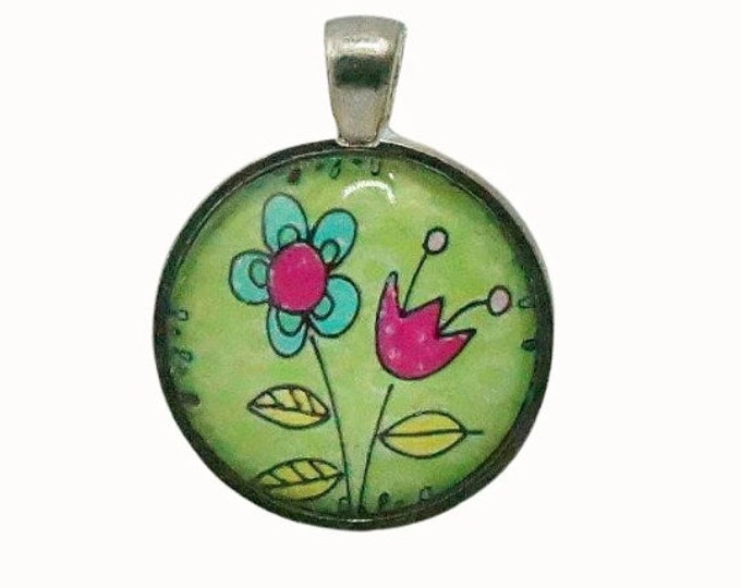 Floral Pendant, Bright Flowers, Green, Pink, Silver Plated, Round Pendant, 25mm, Photo Pendant