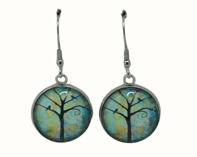 Stainless Steel Glass Tile Hooped Earrings Accessories Blackbirds in Tree
