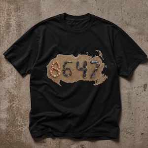 Può includere: T-shirt nera con il numero "8647" sul davanti. I numeri sono composti da piccoli oggetti naturali, su uno sfondo color sabbia.