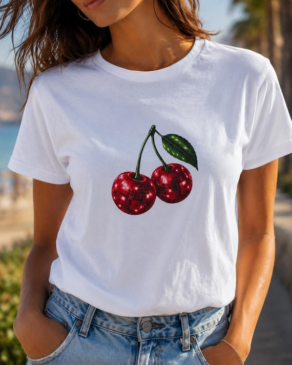 Cherry Disco Ball T-Shirt, Retro Summer Tee, Cute Cherry Shirt, Y2K Aesthetic Top, Disco Fruit Graphic Tee for Women