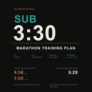 Könnte beinhalten: Ein digitaler Marathon-Trainingsplan mit dem Text "SUB 3:30" in großen weißen Buchstaben. Der Plan umfasst 16 Wochen Training, 4-5 Läufe pro Woche, ein Journal und ein ausfüllbares PDF. Das Zielmarathontempo beträgt 7:59 pro Meile. Kilometer- und Meilen-Editionen sind enthalten.