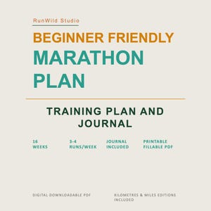 Könnte beinhalten: Digitaler Download für einen anfängerfreundlichen Marathonplan. Das Design zeigt den Text "BEGINNER FRIENDLY MARATHON PLAN" in Teal und Orange. Enthält einen 16-Wochen-Trainingsplan, ein Journal und eine PDF-Datei.