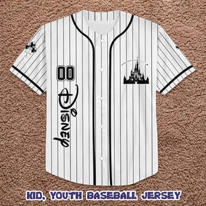 May include: White and black pinstripe baseball jersey with black trim. Features the word "Disney" in script, the number "00", and a castle silhouette. The text "KID, YOUTH BASEBALL JERSEY" is at the bottom.