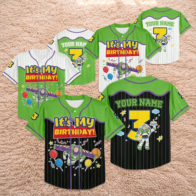 May include: Baseball jerseys with a Buzz Lightyear theme. The jerseys are green, black, and white, with the text "It's My Birthday!" and "Your Name" on them. The number 3 is also featured on the jerseys.