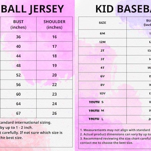 May include: Size charts for adult and kid baseball jerseys. The adult chart includes sizes S to 6XL, with measurements in inches for length, bust, and shoulder. The kid chart includes sizes 6M to 10Y and Youth S to L, also in inches.