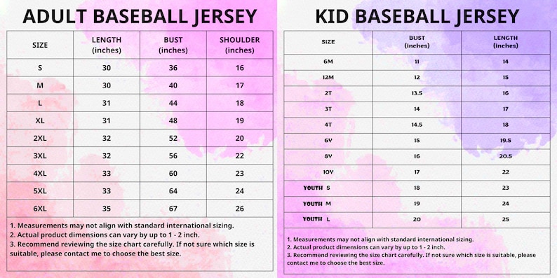 May include: Size charts for adult and kid baseball jerseys. The adult chart includes sizes S to 6XL, with measurements in inches for length, bust, and shoulder. The kid chart includes sizes 6M to 10Y and Youth S to L, also in inches.