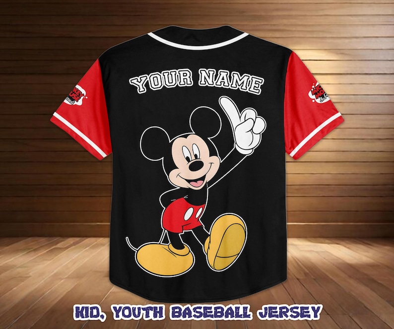May include: Black baseball jersey with red sleeves and white trim. Features a large Mickey Mouse graphic on the back with the text "YOUR NAME" above the character. The bottom of the jersey reads "KID, YOUTH BASEBALL JERSEY".