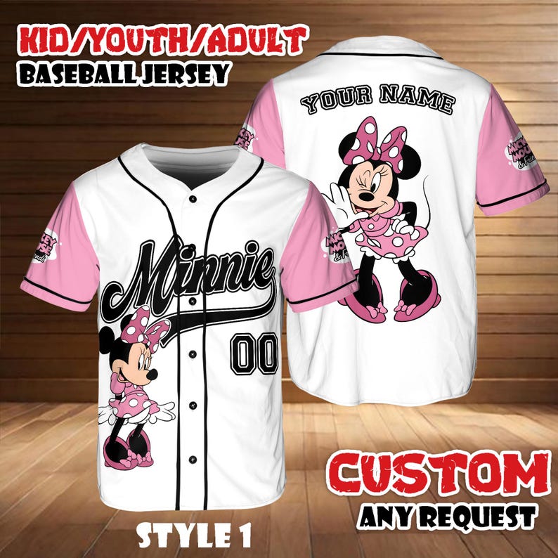 May include: White baseball jersey with pink sleeves featuring a Minnie Mouse graphic. The jersey has the word "Minnie" in black script, the number "00", and the text "KID/YOUTH/ADULT BASEBALL JERSEY". The back of the jersey has the text "YOUR NAME".