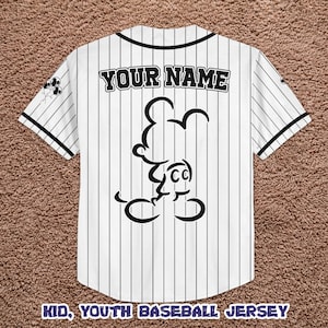May include: White baseball jersey with black pinstripes, featuring a Mickey Mouse outline and the text "YOUR NAME" across the back. The jersey also has the text "KID, YOUTH BASEBALL JERSEY" at the bottom.