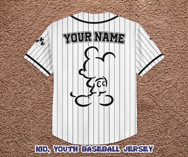 May include: White baseball jersey with black pinstripes, featuring a Mickey Mouse outline and the text "YOUR NAME" across the back. The jersey also has the text "KID, YOUTH BASEBALL JERSEY" at the bottom.
