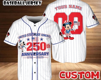 Custom Disney Mickey & Friends Baseball Jersey, 250th America Anniversary Shirt, Kid Youth Adult Patriotic Disney Game Day Jersey