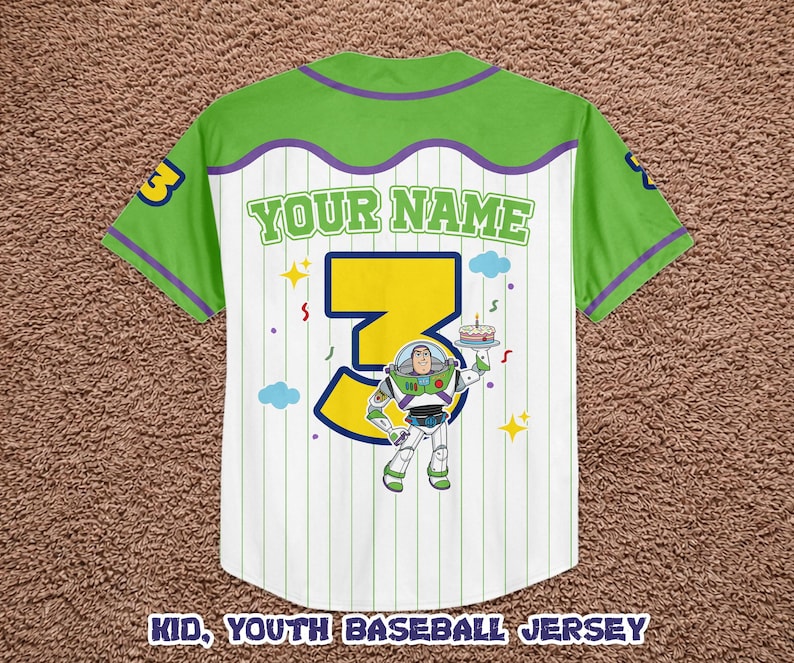 May include: White youth baseball jersey with green and purple accents. Features a large yellow number 3, Buzz Lightyear graphic, and the text "YOUR NAME". The jersey has vertical stripes and the text "KID, YOUTH BASEBALL JERSEY" at the bottom.