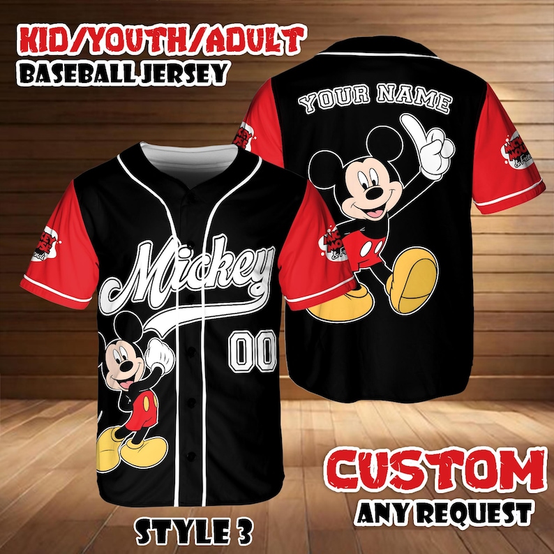 May include: Black baseball jersey with red sleeves featuring Mickey Mouse graphics. The jersey has the word "Mickey" in white script, the number "00", and the text "YOUR NAME" on the back. The image also includes the text "KID/YOUTH/ADULT BASEBALL JERSEY", "STYLE 3", and "CUSTOM ANY REQUEST".