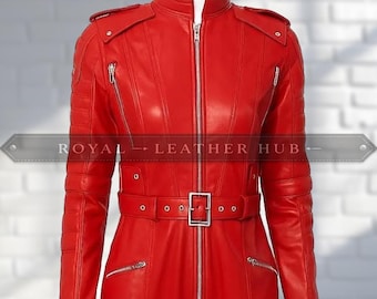 Women’s Genuine Red Leather Jumpsuit – Slim Fit Zip-Up Catsuit with Adjustable Belt